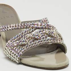 Pre Owned Gina Grey Patent Leather Crystal Embellished Slide Sandals Size 38