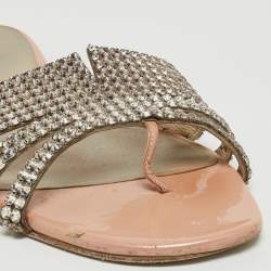 مملوكة مسبقًا Gina Silver/Pink Crystal Embellished Leather Flat Slides Size 40.5