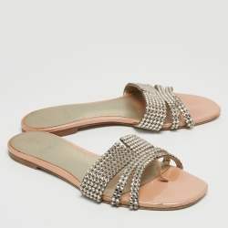 مملوكة مسبقًا Gina Silver/Pink Crystal Embellished Leather Flat Slides Size 40.5