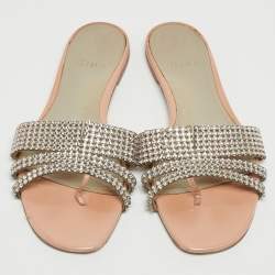 مملوكة مسبقًا Gina Silver/Pink Crystal Embellished Leather Flat Slides Size 40.5