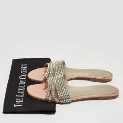 مملوكة مسبقًا Gina Silver/Pink Crystal Embellished Leather Flat Slides Size 40.5
