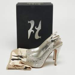 مملوكة مسبقًا Gina Silver Crystal Embellished Satin Open-Toe Platform Slingback Sandals Size 39.5