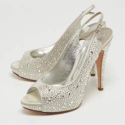 مملوكة مسبقًا Gina Silver Crystal Embellished Satin Open-Toe Platform Slingback Sandals Size 39.5