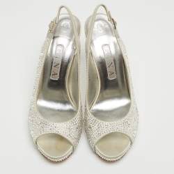 مملوكة مسبقًا Gina Silver Crystal Embellished Satin Open-Toe Platform Slingback Sandals Size 39.5