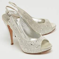 مملوكة مسبقًا Gina Silver Crystal Embellished Satin Open-Toe Platform Slingback Sandals Size 39.5