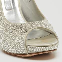 مملوكة مسبقًا Gina Silver Crystal Embellished Satin Open-Toe Platform Slingback Sandals Size 39.5