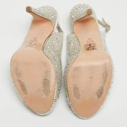 مملوكة مسبقًا Gina Silver Crystal Embellished Satin Open-Toe Platform Slingback Sandals Size 39.5