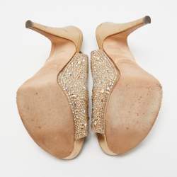 Pre Owned Gina Gold Satin Crystal Embellished Peep Toe Platform Pumps Size 38
