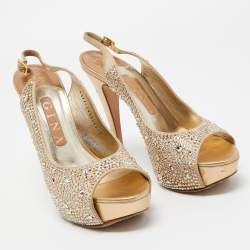 Pre Owned Gina Gold Satin Crystal Embellished Peep Toe Platform Pumps Size 38