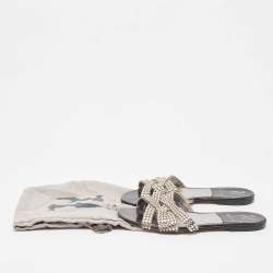 مملوكة مسبقًا Gina Silver/Black Crystal Embellished Leather Thong Flats Size 38