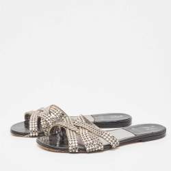 مملوكة مسبقًا Gina Silver/Black Crystal Embellished Leather Thong Flats Size 38