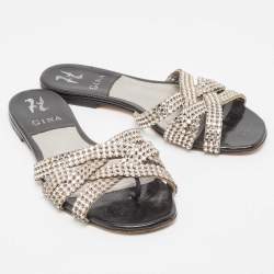 مملوكة مسبقًا Gina Silver/Black Crystal Embellished Leather Thong Flats Size 38