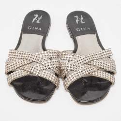 مملوكة مسبقًا Gina Silver/Black Crystal Embellished Leather Thong Flats Size 38