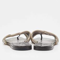 مملوكة مسبقًا Gina Silver/Black Crystal Embellished Leather Thong Flats Size 38