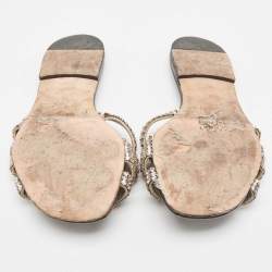 مملوكة مسبقًا Gina Silver/Black Crystal Embellished Leather Thong Flats Size 38