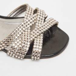 مملوكة مسبقًا Gina Silver/Black Crystal Embellished Leather Thong Flats Size 38