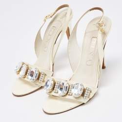 مملوكة مسبقًا Gina Cream Patent Leather Crystal Embellished Slingback Sandals Size 38