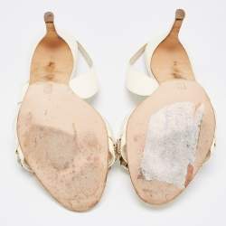 مملوكة مسبقًا Gina Cream Patent Leather Crystal Embellished Slingback Sandals Size 38