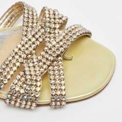مملوكة مسبقًا Gina Yellow Crystal Embellished Leather Thong Flats Size 38.5