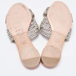 Gina Silver/Pink Crystal Embellished Leather Flat Slides Size 36
