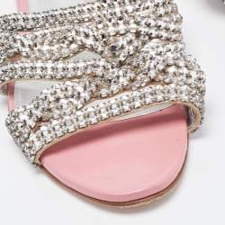 Gina Silver/Pink Crystal Embellished Leather Flat Slides Size 36