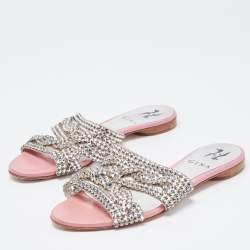 Gina Silver/Pink Crystal Embellished Leather Flat Slides Size 36