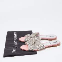 Gina Silver/Pink Crystal Embellished Leather Flat Slides Size 36