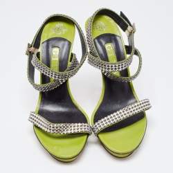 Gina Green Crystal Embellished Leather Cross Ankle Strap Sandals Size 39