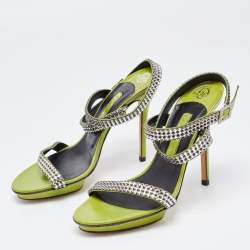 Gina Green Crystal Embellished Leather Cross Ankle Strap Sandals Size 39