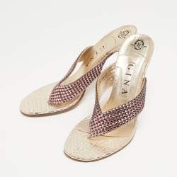Pre Owned Gina Gold Leather Crystal Embellished Thong Sandals Size 38