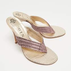 Pre Owned Gina Gold Leather Crystal Embellished Thong Sandals Size 38