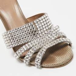 Pre Owned Gina Silver Crystal Embellished Leather Slide Sandals Size 37.5