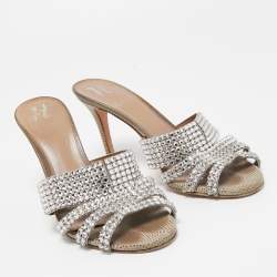 Pre Owned Gina Silver Crystal Embellished Leather Slide Sandals Size 37.5