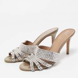 Pre Owned Gina Silver Crystal Embellished Leather Slide Sandals Size 37.5