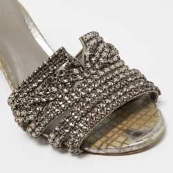 Pre Owned Gina Metallic Grey Crystal Embellished Leather Slide Sandals Size 37.5