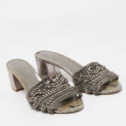 Pre Owned Gina Metallic Grey Crystal Embellished Leather Slide Sandals Size 37.5