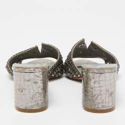 Pre Owned Gina Metallic Grey Crystal Embellished Leather Slide Sandals Size 37.5