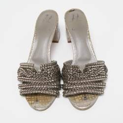 Pre Owned Gina Metallic Grey Crystal Embellished Leather Slide Sandals Size 37.5