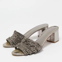 Pre Owned Gina Metallic Grey Crystal Embellished Leather Slide Sandals Size 37.5