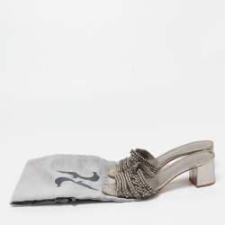 Pre Owned Gina Metallic Grey Crystal Embellished Leather Slide Sandals Size 37.5