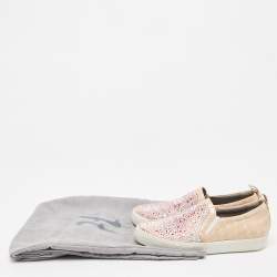 Pre Owned Gina Pink/Beige Crystal Embellished Satin and Croc Embossed Leather Slip On Sneakers Size 39