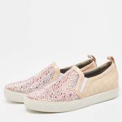 Pre Owned Gina Pink/Beige Crystal Embellished Satin and Croc Embossed Leather Slip On Sneakers Size 39