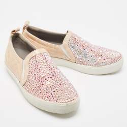 Pre Owned Gina Pink/Beige Crystal Embellished Satin and Croc Embossed Leather Slip On Sneakers Size 39