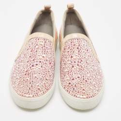 Pre Owned Gina Pink/Beige Crystal Embellished Satin and Croc Embossed Leather Slip On Sneakers Size 39