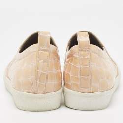 Pre Owned Gina Pink/Beige Crystal Embellished Satin and Croc Embossed Leather Slip On Sneakers Size 39