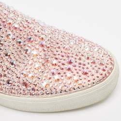 Pre Owned Gina Pink/Beige Crystal Embellished Satin and Croc Embossed Leather Slip On Sneakers Size 39