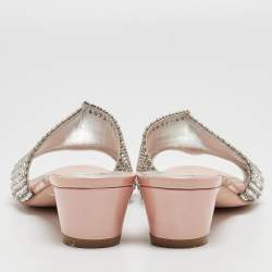 Pre Owned Gina Silver/Pink Crystal Embellished Leather Slides Sandals Size 37.5