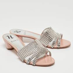 Pre Owned Gina Silver/Pink Crystal Embellished Leather Slides Sandals Size 37.5