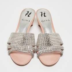 Pre Owned Gina Silver/Pink Crystal Embellished Leather Slides Sandals Size 37.5