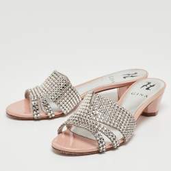 Pre Owned Gina Silver/Pink Crystal Embellished Leather Slides Sandals Size 37.5
